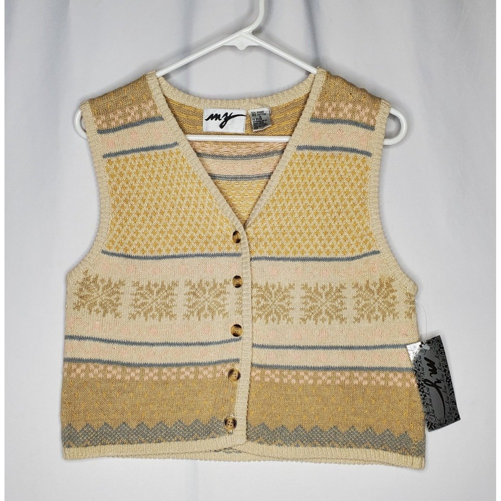 MY Vtg Sweater Vest Womens Medium Fair‎ Isle Button V-Neck Ramie Cottagecore